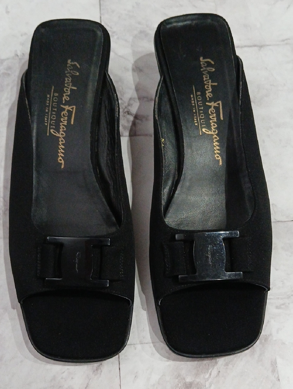 Salvatore Ferragamo Black Nylon Canvas Slide Mules with Signature Buckle